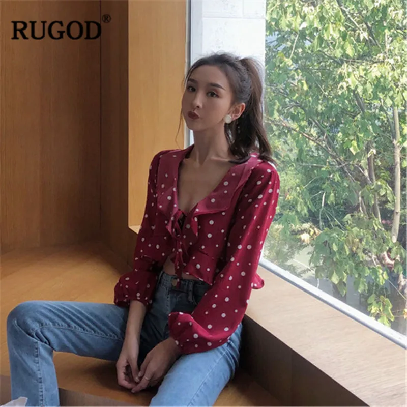 RUGOD 2019 женская блузка с длинным рукавом и воротником рюшами черная красная в