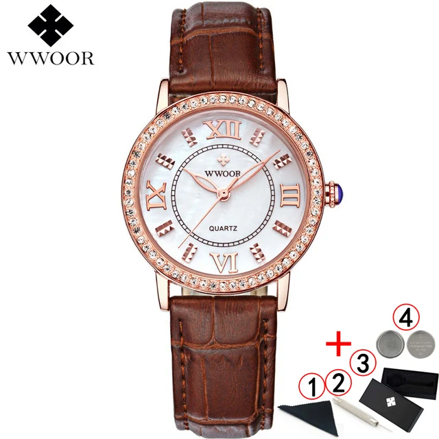 brown gold box WWOOR платье часы для женщин Топ люксовый бренд Модные кожаные часы со стразами женские наручные часы красные часы Bayan Kol Saati - Цвет: brown gold box