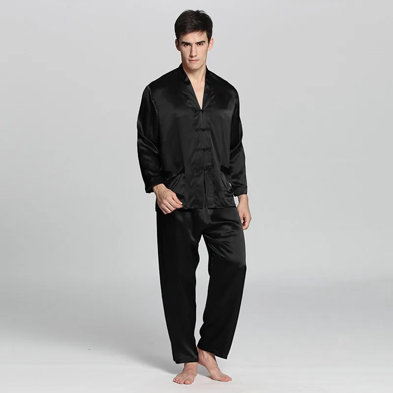 Black LilySilk пижама набор для мужчин 100 чистый шелк пижамы 22 momme с длинным рукавом V образным вырезом китайские кнопки распродажа - Цвет: Black