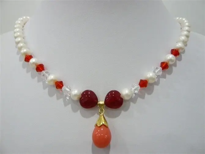 Бесплатная доставка 2 цвета красивый белый жемчуг и красный нефрит ожерелье