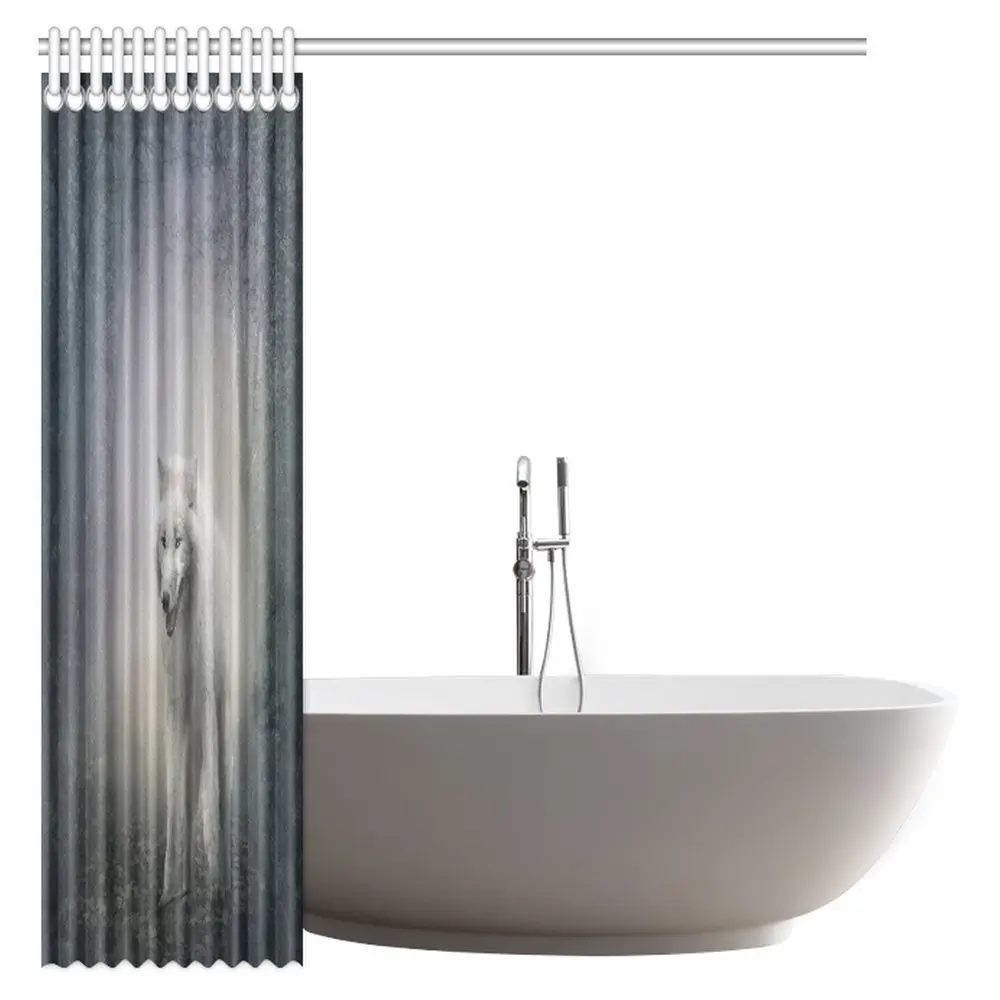 

White Wolf Shower Curtain, Wolf in the Night Fog Forest Decorative Bathroom Shower Curtain