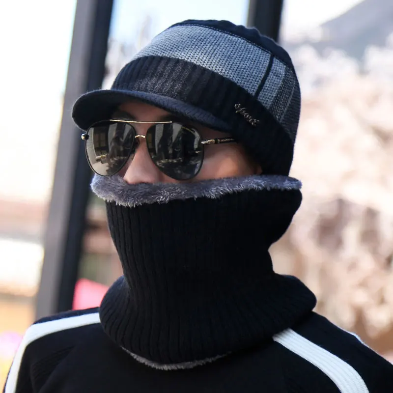Зимние Шапки для Для мужчин Skullies шапочки женский Gorras плюс бархат Для женщин шарф Кепки комплект Балаклава маска Gorras капот мужской вязаный шляпа - Цвет: black hat scarf set