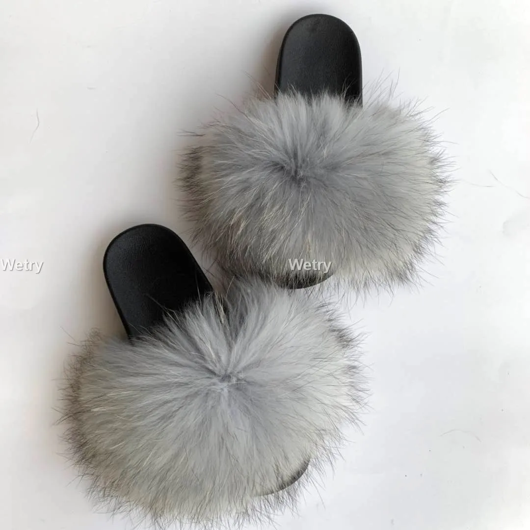 fox fur slippers ; новые стильные шлепанцы с натуральным лисьим мехом; пляжные шлепанцы с мехом енота; шлепанцы с натуральным лисьим мехом; женская обувь; 36 al 45 - Цвет: fox fur slippers