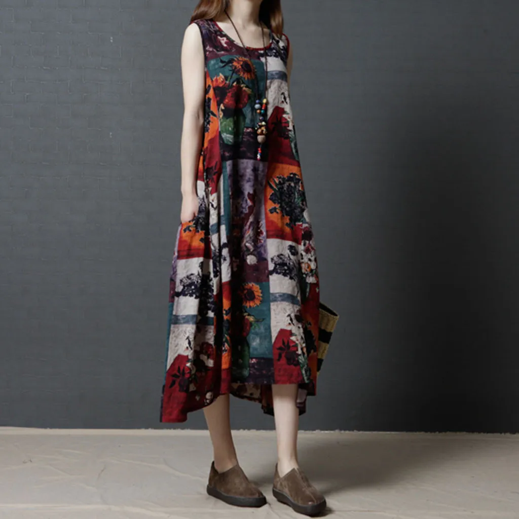 Женское хлопковое длинное льняное платье повседневное с цветочным принтом