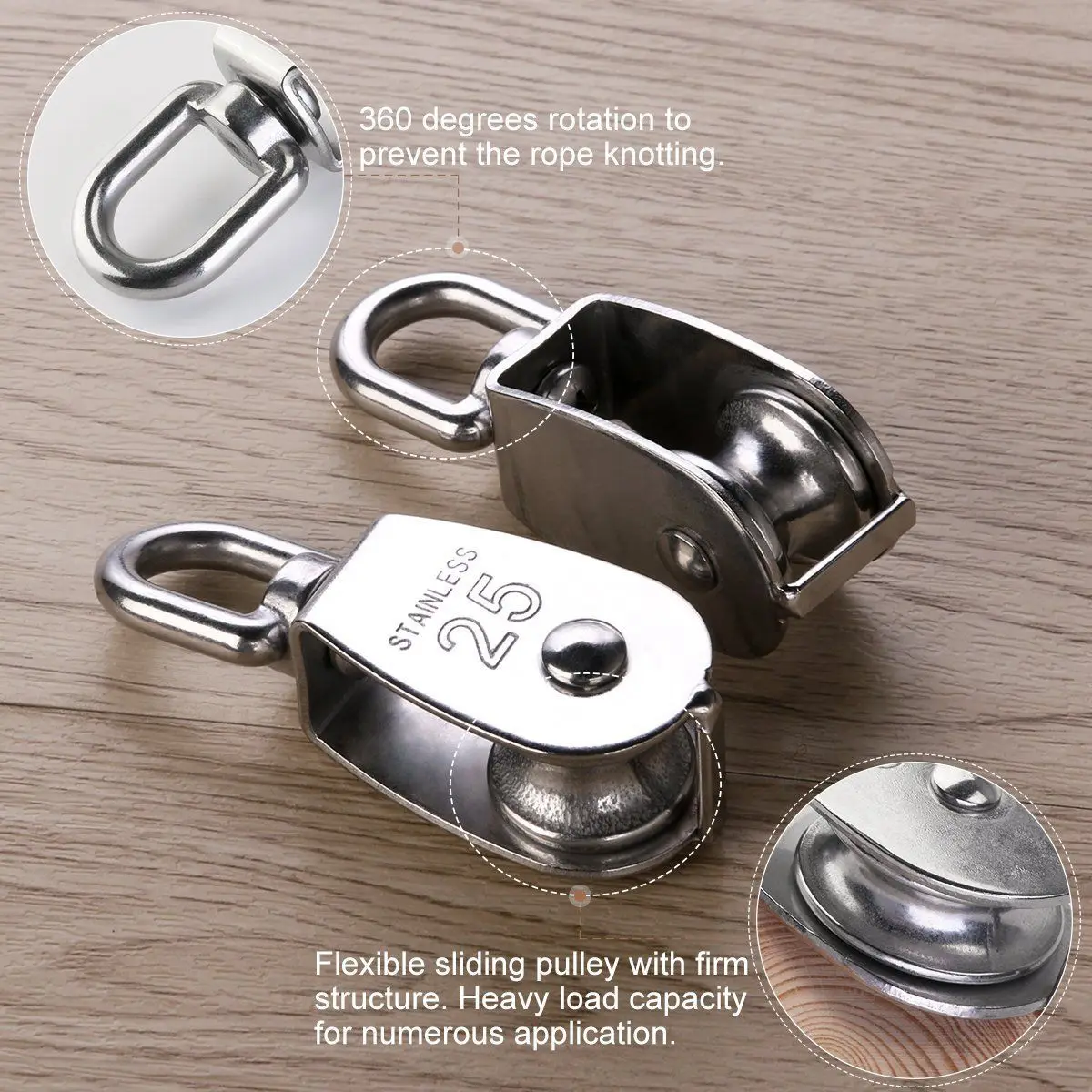 2Pcs 25MM Single Pulley Block in 304 Stainless Steel M25 Roller Loading 400kg - Silver | Инструменты