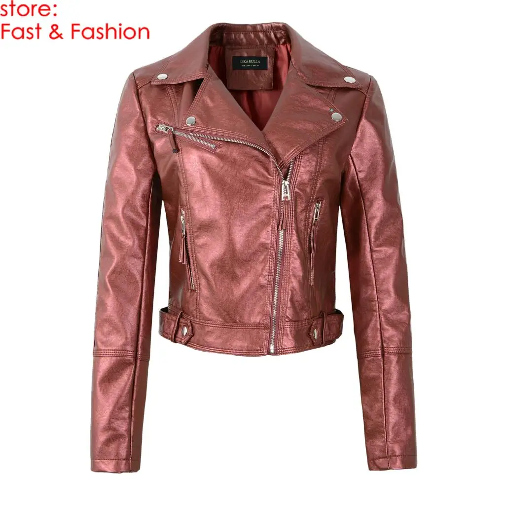 Женская мотоциклетная куртка из ПУ кожи винно красная искусственной с длинным