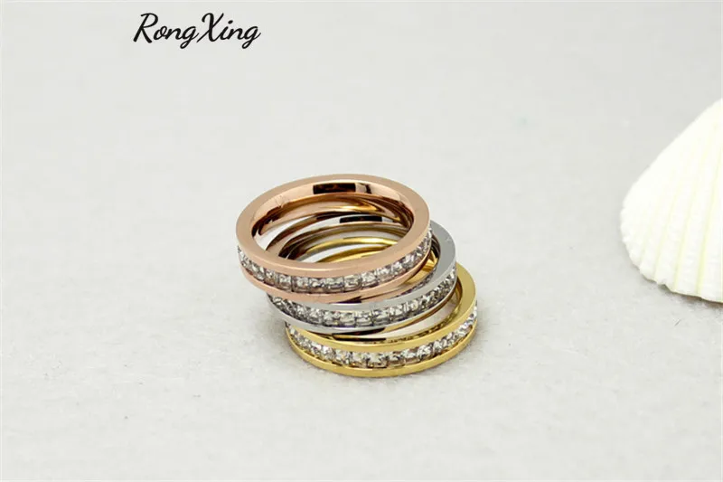 RongXing серебряные/Золотые/розовые золотые титановые стальные однорядные CZ кольца