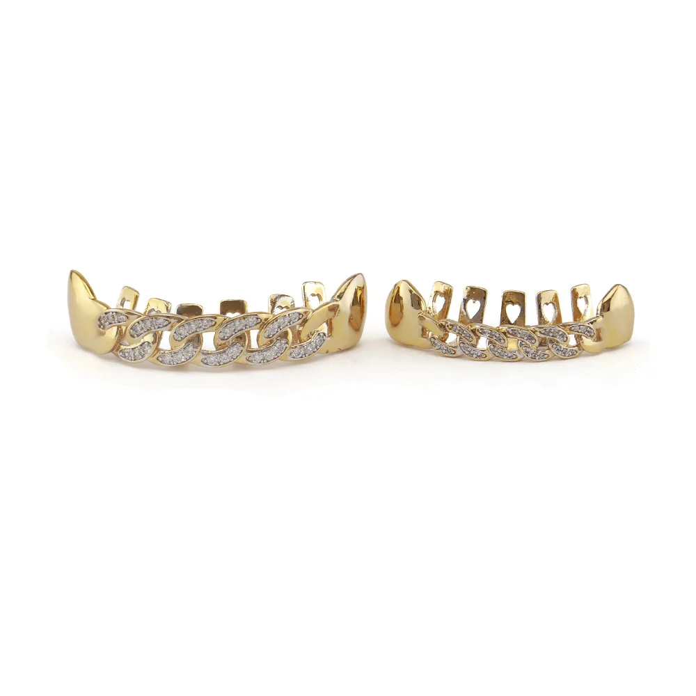 Iftec Pure Gold Color Plated Fang Teeth Grillz Micro Pave Cz Stones Exclusive Luxury Top &amp Bottom Hip Hop Chain Grills | Украшения и
