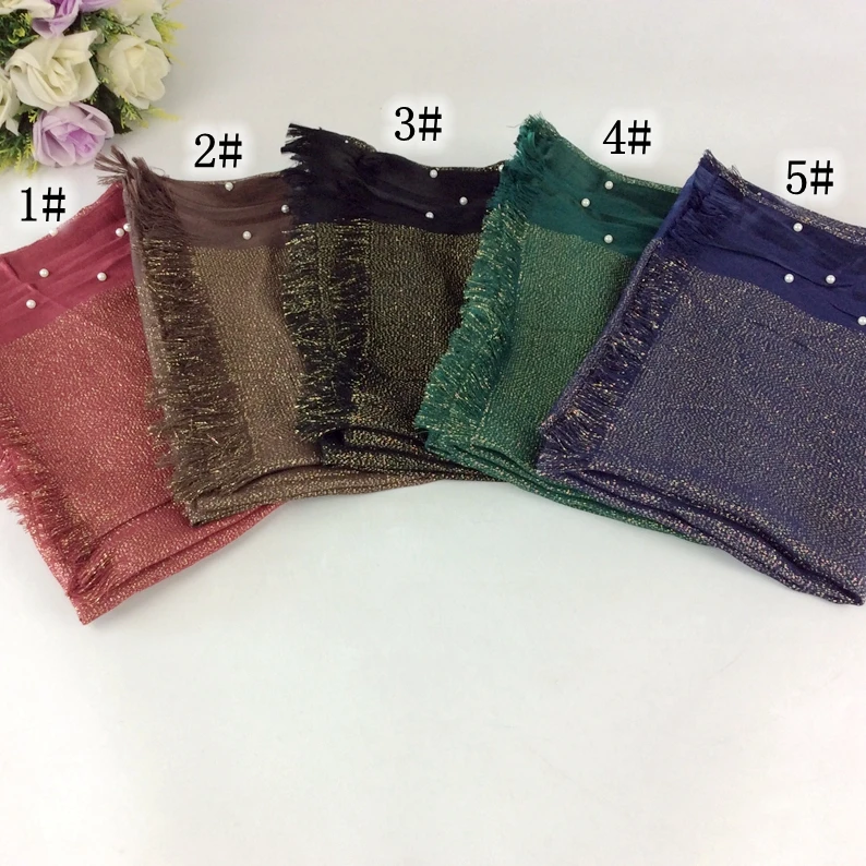 Plain Glitter Cotton Tassels Scarves/Scarf Lurex Pearls Pattern Fringe Muslim Hijab Wraps Bandana |