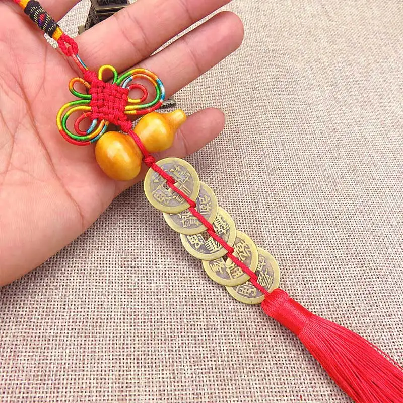 1 шт красный китайский узел Медь брелок с монетками надписью "Lucky Charm" древних