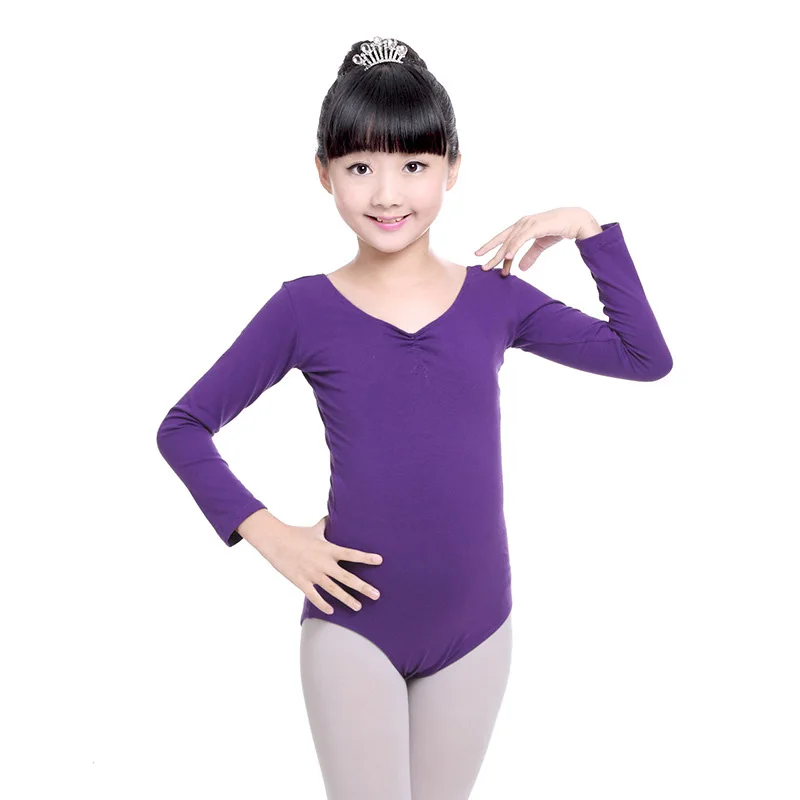 purple long sleeve Детские хлопковые балерины для балета, гимнастики, трико для девочек, танцевальные боди, костюмы для катания на коньках, одежда, Одежда для танцев - Цвет: purple long sleeve