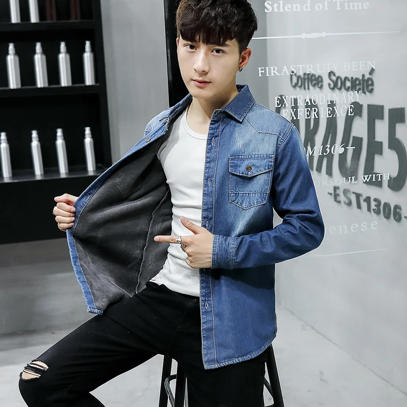 2017 зимние фланелевые плотные джинсовые рубашки мужские теплые джинсы с длинным