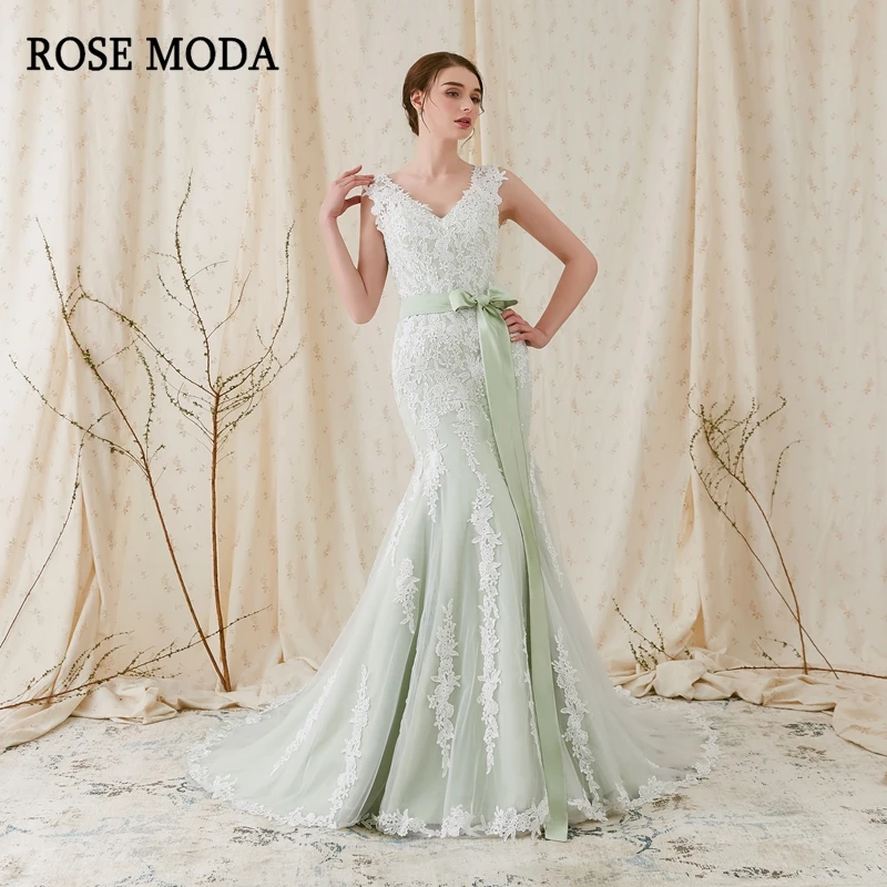 

Rose Moda V Neck Lace Mermaid Wedding Dress with Sash Real Photos