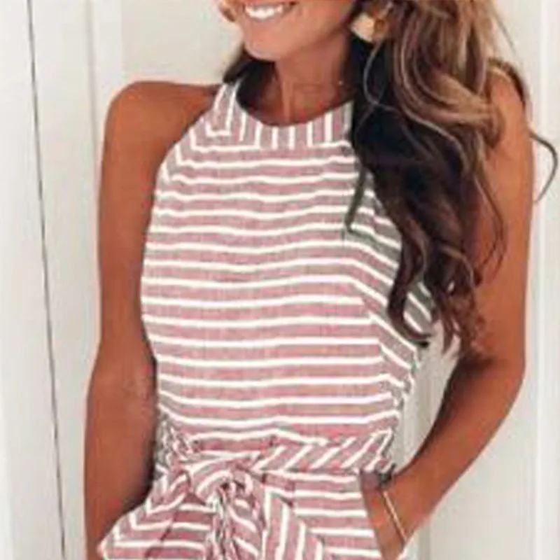 Straiped Boho Playsuit женский летний 2019 модный розовый Повседневный укороченный