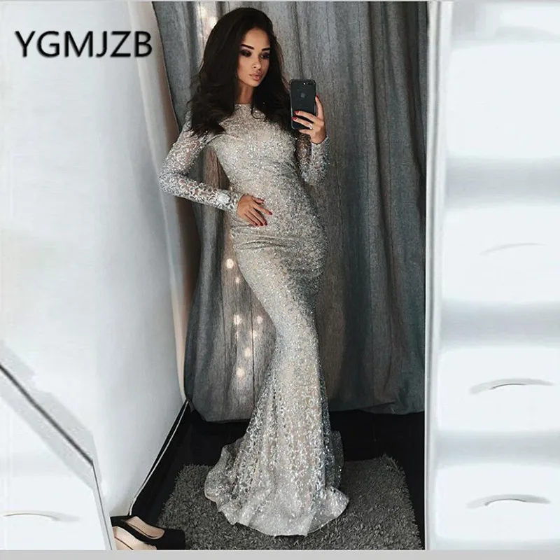 Мусульманские кружевные вечерние платья 2019 Русалка с длинным рукавом блестящее