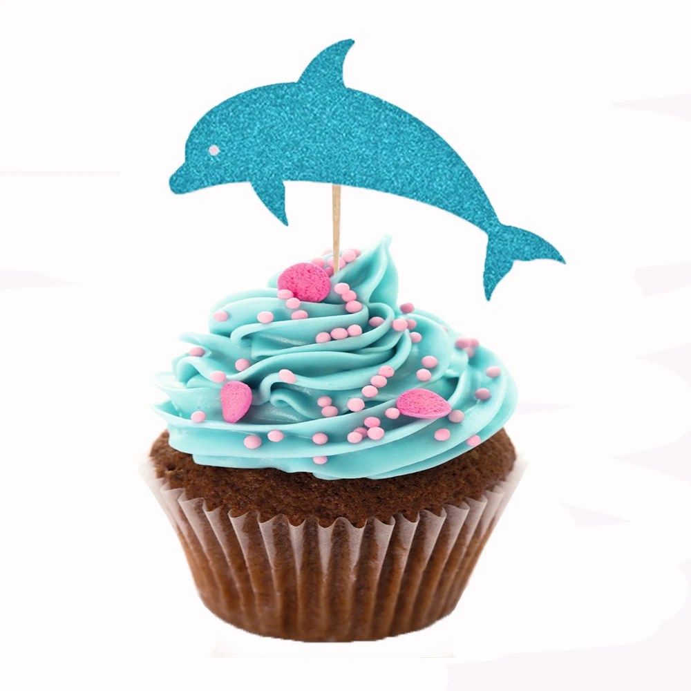 

30pcs/lot Baby Shower Party Cake Topper Nautical Theme Party Decorations Dolphin Paper Cupcake Decorating Supplies CTB016