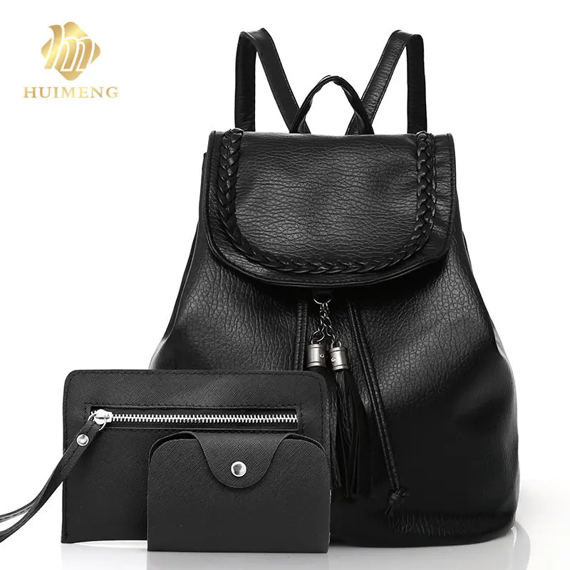 black 3 pcs HUIMENG горячая распродажа 3 шт./компл. модный рюкзак женский PU кожаный рюкзак школьные рюкзаки для девочек sac a dos femme с кошельком - Цвет: black 3 pcs
