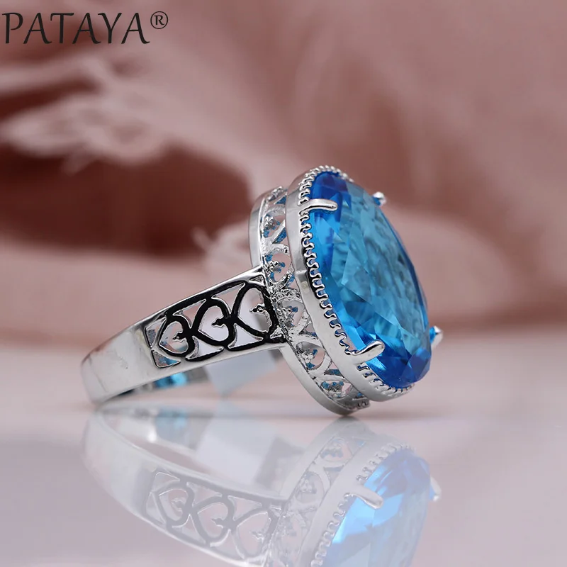 PATAYA, новинка, женские модные кольца для любви, белое золото, Овальный зеленый натуральный циркон, для свадьбы, вечеринки, разные цвета, полые, уникальные ювелирные изделия - Цвет основного камня: Sea Blue