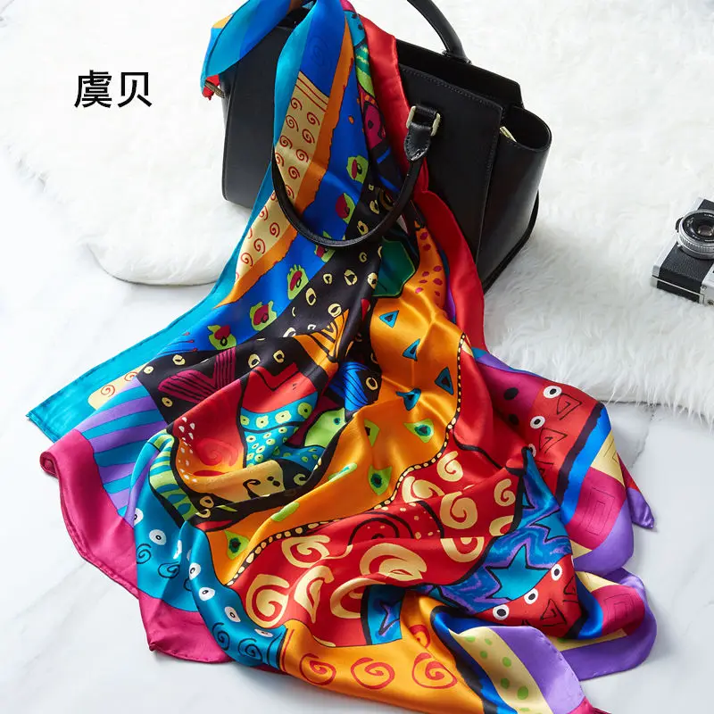 Шарф для девочек и женщин из натурального шелка с рисунком кошки 86 х86 см |