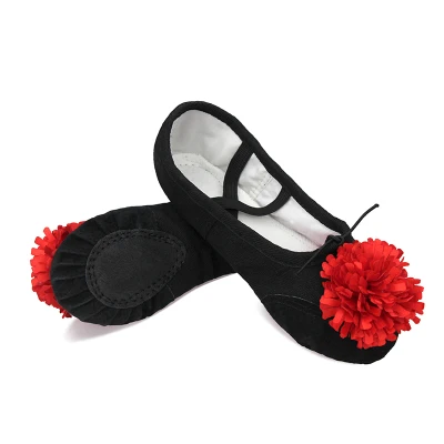 Black-red flower Мягкие балетки с цветами для маленьких девочек; женские балетки на плоской подошве из спилка; чешки для тренировок - Цвет: Black-red flower