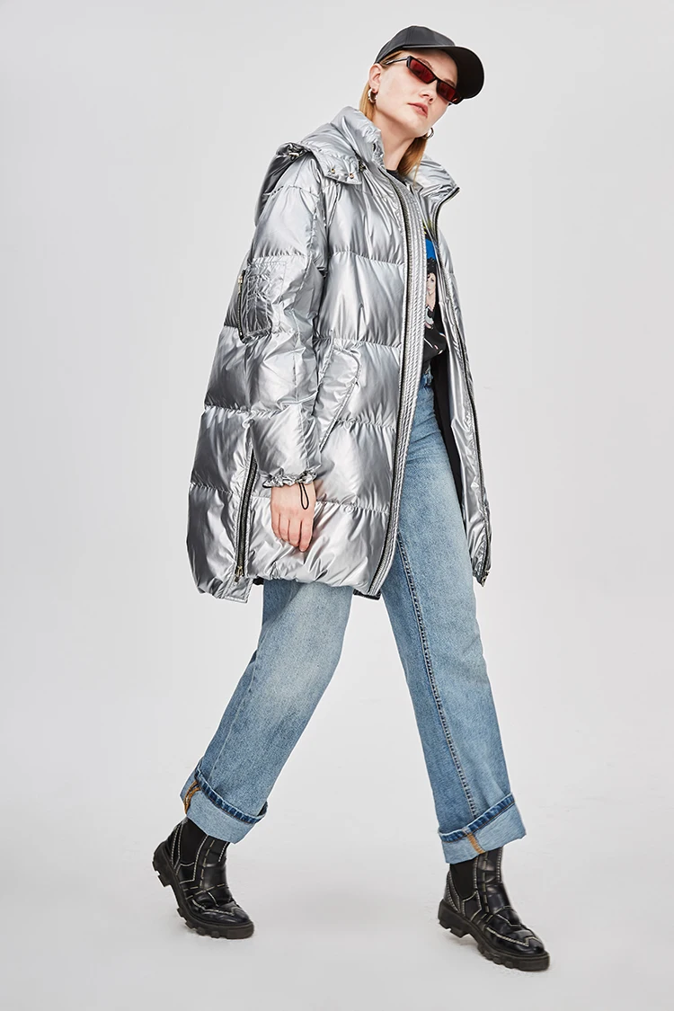 JAZZEVAR Зимняя женская куртка новая мода уличная женская Edgy серебряная длинная пуховая куртка классная пуховая куртка на молнии с капюшоном для девочек верхняя одежда z18004