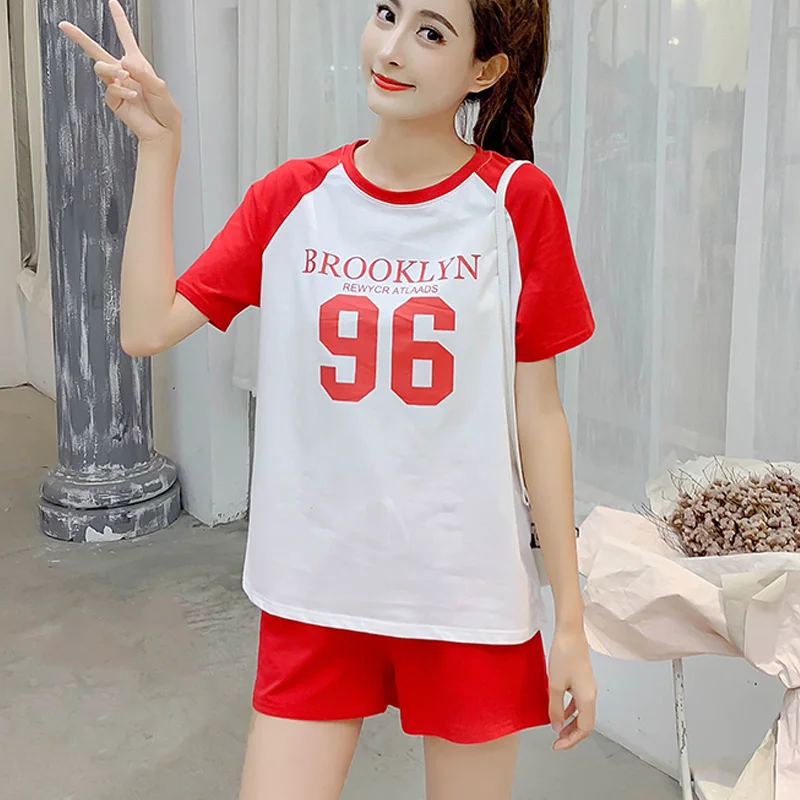 Korean 2 Piece Set Women Summer For Loose BROOKLYN 96 Letter Print T-Shirt And Elastic Hot Shorts Clothing | Женская одежда