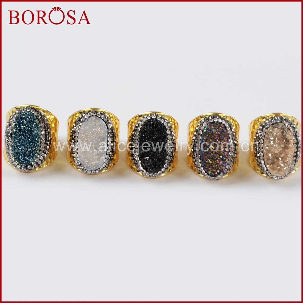 

BOROSA Oval Rainbow Titanium Druzy Ring,Electroplated Gold Color Natural Quartz Stone Drusy Rings Gems Jewelry for Women JAB757