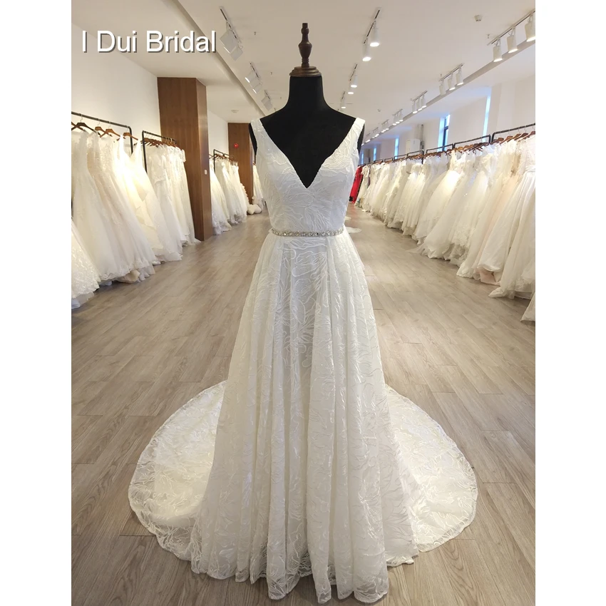 V Neck A line Wedding Dress Solid Lining Crystal Belt Low Back Unique Lace Bridal Gown