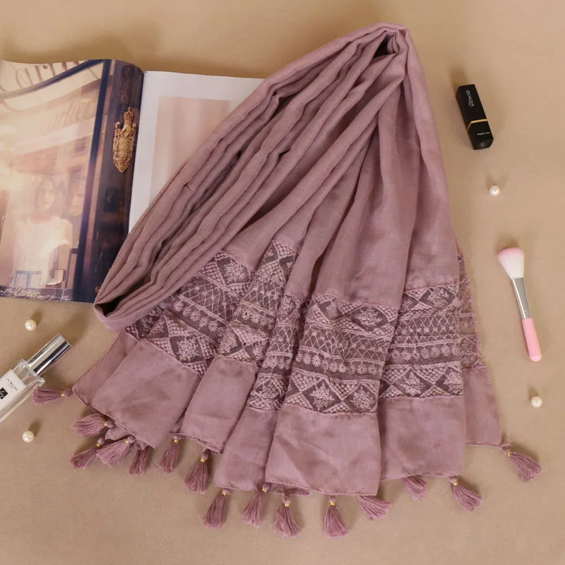 Bufanda de viscosa con borlas florales para mujer, chales lisos de algodón, Hijab musulmán, 200x70Cm