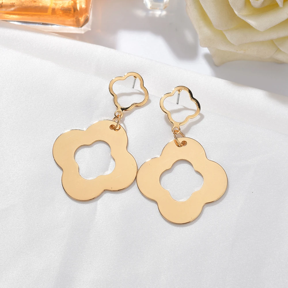 2019 Simple Alloy Earrings Gold Color Flower Design Geometry Double Hollow Drop For Girls Party Jewelry | Украшения и аксессуары