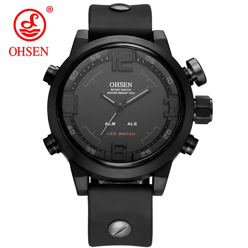 Модные мужские часы OHSEN, брендовые, повседневные, Horloges Mannen, многофункциональные, двойное время, мужские часы, спортивные наручные часы - Цвет: Black with Elegant