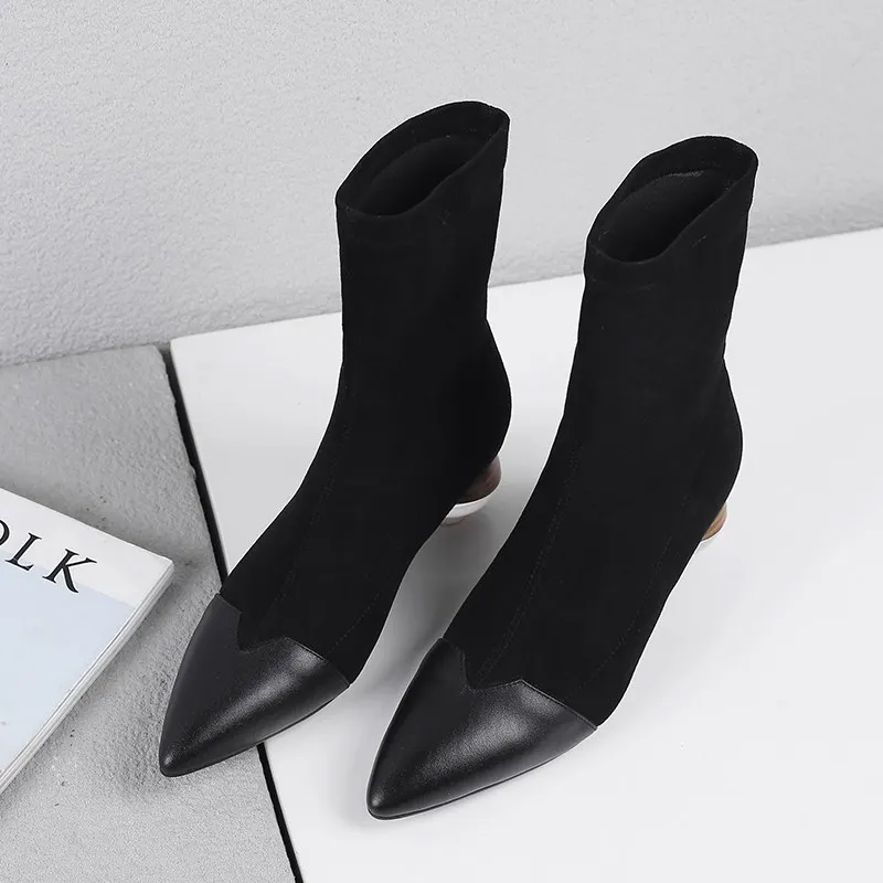 Дизайнерские бархатные ботинки из коровьей кожи с острым носком Стрейчевые на