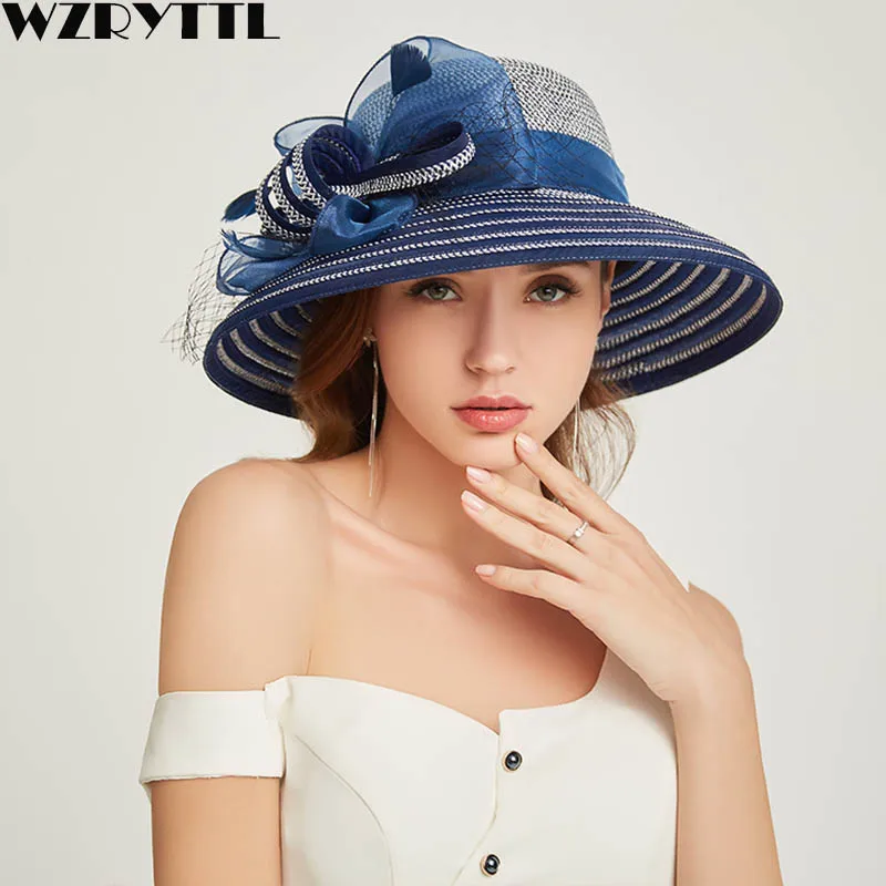 

Women's Kentucky Derby Hat Luxury Wide Brim Floral Feather Aside Patchwork Paper Straw Sun Hat Summer Church Party Wedding Hat