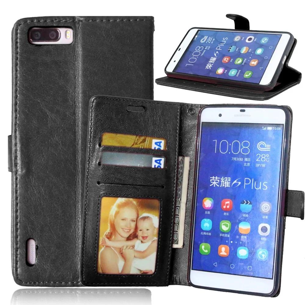 Роскошные моды сплошной цвет бумажник флип кожаный чехол для huawei honor 6 plus phone coques