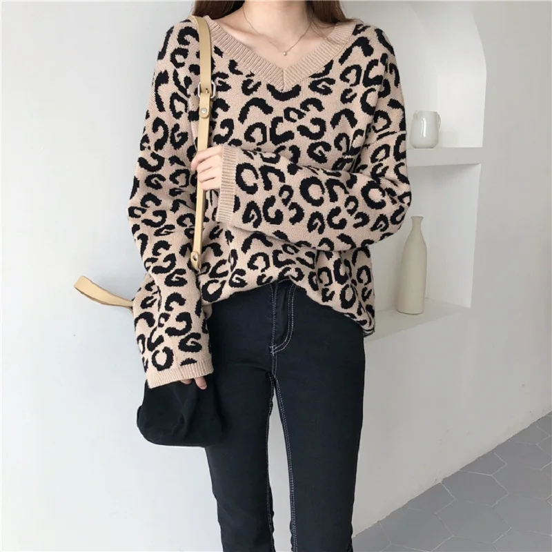 korean streetwear casual Leopard color double V-neck sweater women 2018 autumn winter | Женская одежда