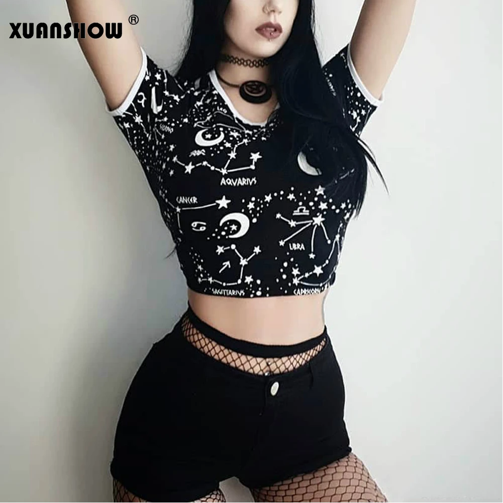 XUANSHOW/Летняя женская футболка с принтом звездного неба черный готический стиль