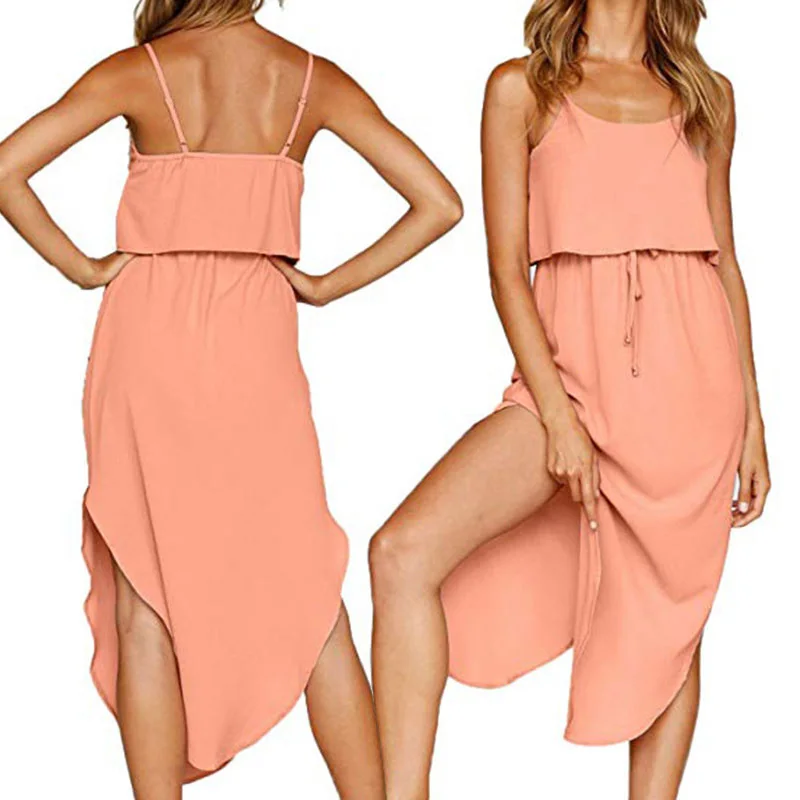 

Women Adjustable Strappy Drawstring Split Midi Dress for Summer Beach H9