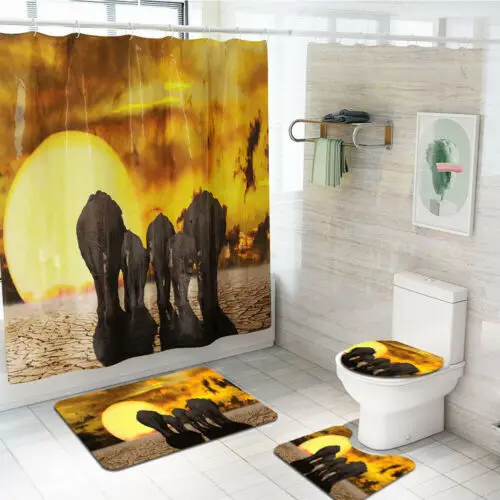2019 4 PCS Printing Bathroom Non-Slip Toilet Lid Seat Cover Bath Mat Pedestal Rug Shower Curtain Set | Дом и сад