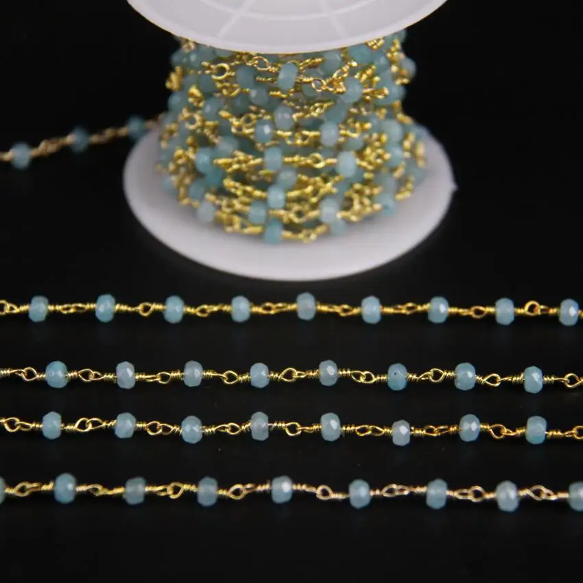 

2x4mm,Aquamarine color Malaysia Jades Link Gold Chain,Blue Jaspers Faceted Rondelle Rosary Chain,DIY Women Sweater Chain