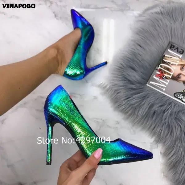 Vinapobo/Новое поступление года; женские свадебные туфли; цвет белый, синий; пикантные туфли на высоком каблуке-шпильке с градиентным принтом под змеиную кожу; женские туфли-лодочки с острым носком - Цвет: 8cm
