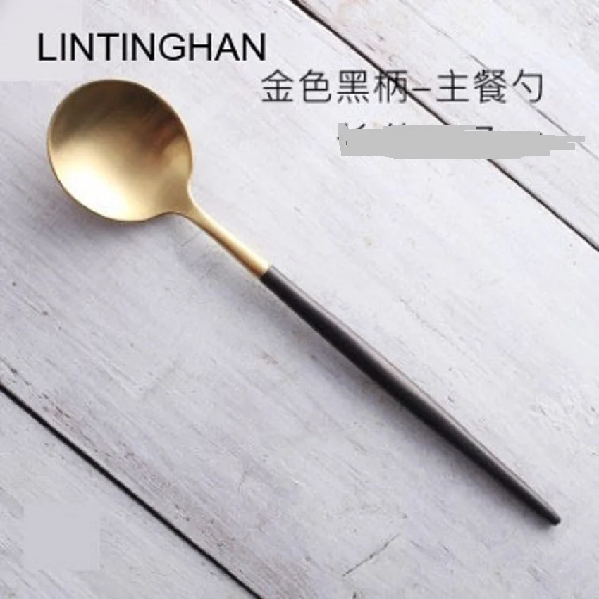 Black handle spoon Столовый прибор под позолоту 304 нож из нержавеющей стали и вилка горячий кофе западный ресторан вилка и Стейк-нож ложка черный синий - Цвет: Black handle spoon