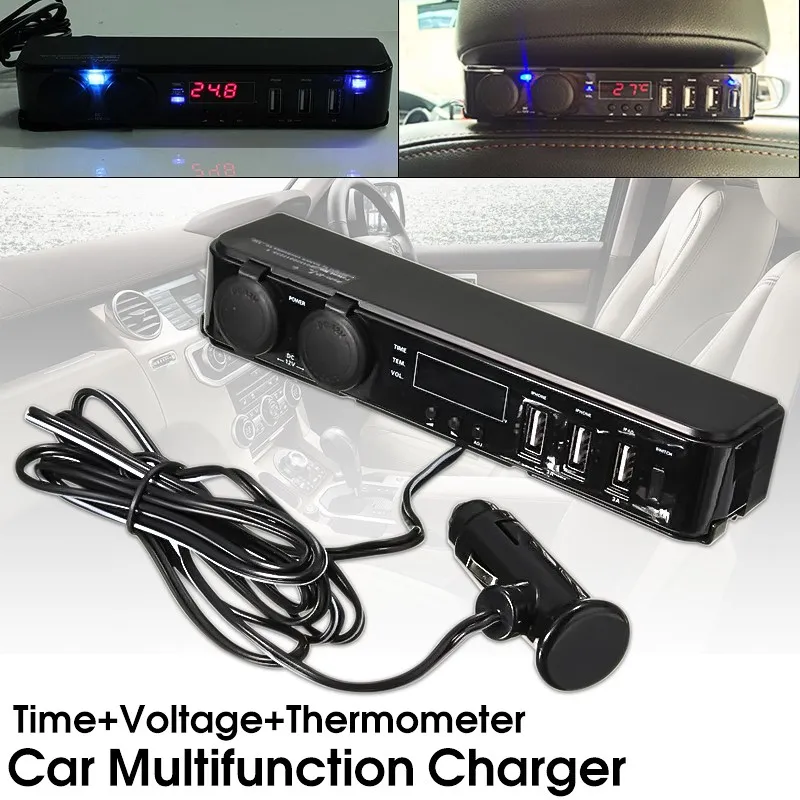 Автомобильное зарядное устройство с 3 портами USB 12 В + цифровой светодиодный