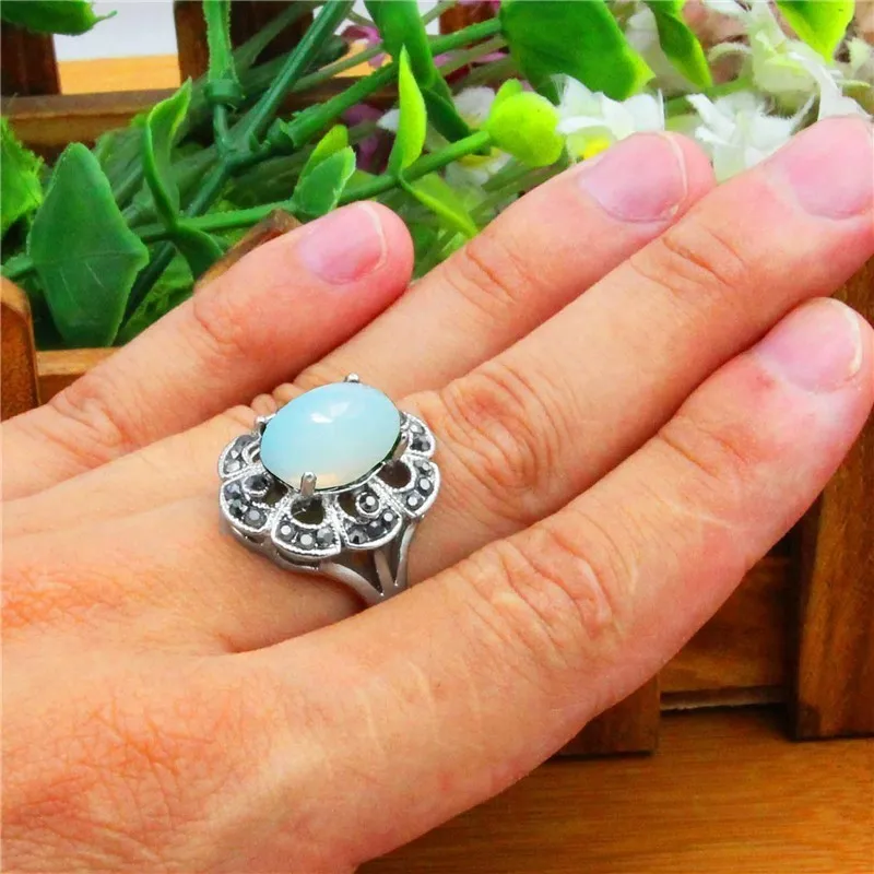 Oval Transparent Opal Rings For Women Antique Silver Plated Rhinestone Plum Flower Vintage Jewelry TR706|Кольца| |