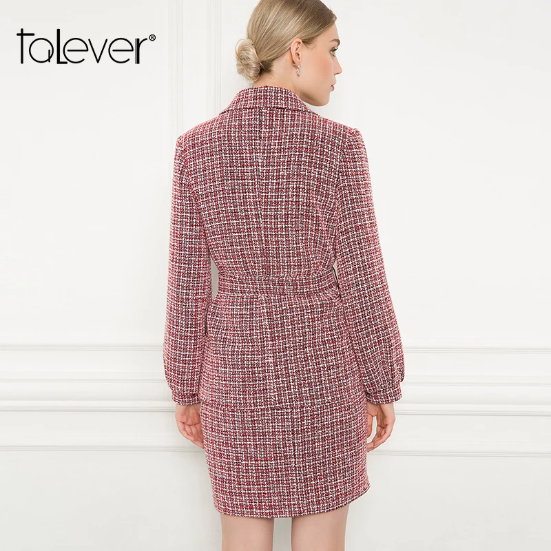 2018 Women Fashion Warm Coat Autumn Winter Tweed Casual Plaid Jacket Outerwear Female Turn-down Collar Slim Sashes Coats Talever | Женская