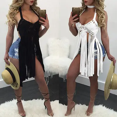 2017 Hot Women Sexy Crochet Knit Swimsuits Cover Ups Tassel Bralette Bra Beach Bikini Halter Backless | Женская одежда