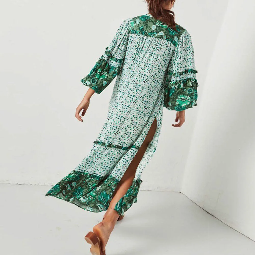 Плюс размер длинное платье с цветочным рисунком Ретро богемное Макси платье сексуальное этническое с глубоким v-образным вырезом цветочный принт пляжные платья Бохо хиппи Халат