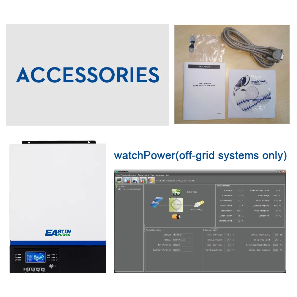 

EASUN POWER USB Bluetooth 5000W Inverter 500Vdc PV Input 230Vac 48V 80A MPPT Solar Charger Support Mobile Monitoring LCD Control