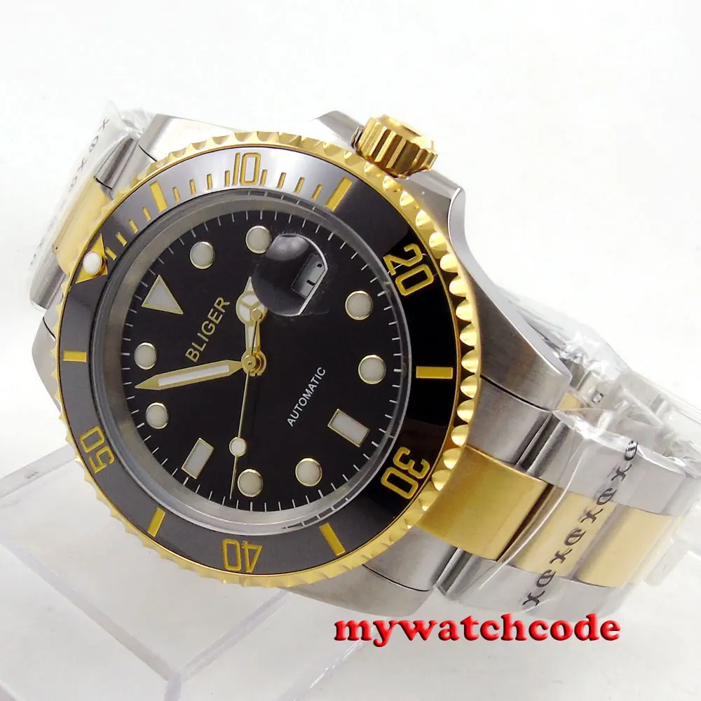 

Two Tone 40mm Bliger Black Dial Ceramic Bezel Date NH35A MIYOTA 8215/PT5000 Automatic Movement Mens Watch