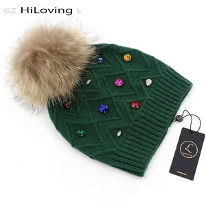 Женская Шапка-бини с меховым помпоном GZHilovingL, повседневная шерстяная шапка со стразами, для зимы