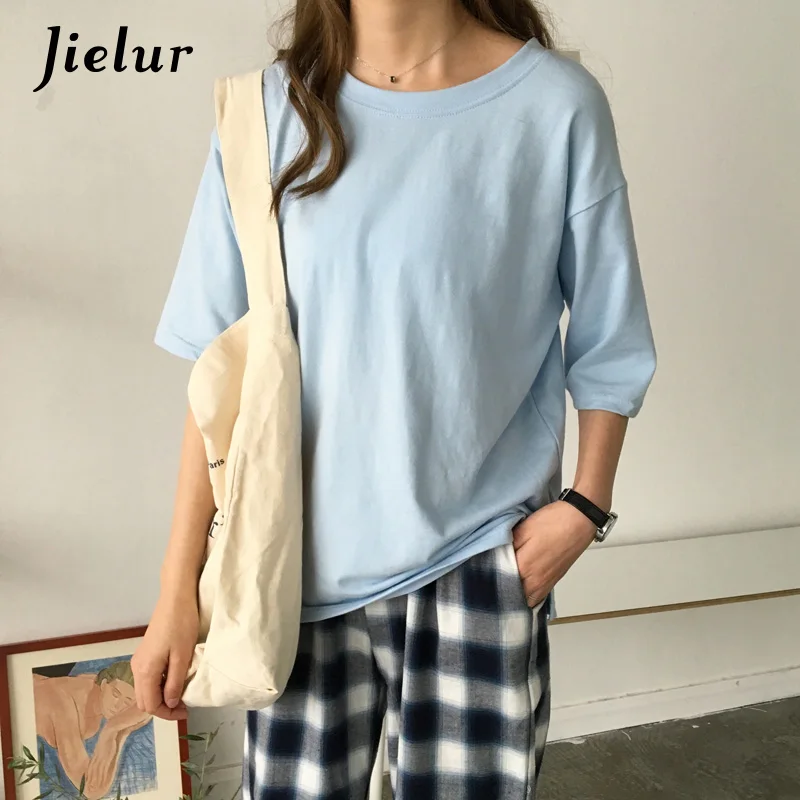 Jielur 10 карамельных цвет одноцветная Корейская футболка для женщин тонкие